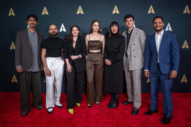(L/R) The recipients of the 2026 Academy Nicholl Fellowship in Screenwriting Leo Aguirre, Elie El Choufany, Katla Solnes, Sara Crwo, Lynn McKee, David Rafailades and Omar Al Dakheel attend the Academy Nicholl Fellowships in Screenwriting ceremony at the Beverly Hills Hotel in Beverly Hills, California, on April 15, 2026. (Photo by Apu GOMES / AFP)