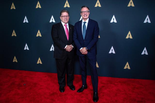 US makeup artist Gerald Quist (L) and Academy of Motion Picture Arts and Sciences CEO Bill Kramer attend the Academy Nicholl Fellowships in Screenwriting ceremony at the Beverly Hills Hotel in Beverly Hills, California, on April 15, 2026. (Photo by Apu GOMES / AFP)