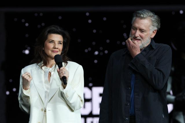 US actress Daphne Zuniga and US actor Bill Pullman promote the upcoming film "Spaceballs: The New One" during the Amazon MGM Studios presentation at CinemaCon at The Colosseum at Caesars Palace on April 15, 2026 in Las Vegas, Nevada. (Photo by VALERIE MACON / AFP)