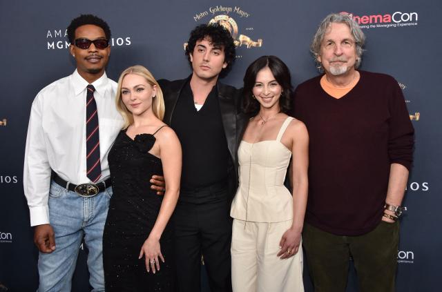 (L/R) Actors Stephan James, Annasophia Robb, Anthony Ippolito, Kiki Seto and director Peter Farrelly promote the upcoming film “I Play Rocky” during the Amazon MGM Studios photo call during CinemaCon at The Colosseum at Caesars Palace on April 15, 2026 in Las Vegas, Nevada. (Photo by Chris Delmas / AFP)