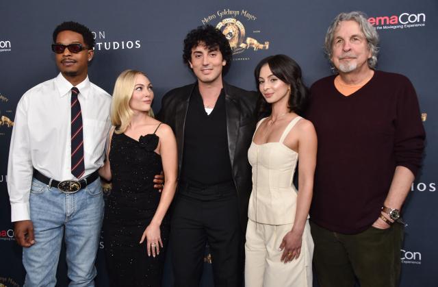 (L/R) Actors Stephan James, Annasophia Robb, Anthony Ippolito, Kiki Seto and director Peter Farrelly promote the upcoming film “I Play Rocky” during the Amazon MGM Studios photo call during CinemaCon at The Colosseum at Caesars Palace on April 15, 2026 in Las Vegas, Nevada. (Photo by Chris Delmas / AFP)