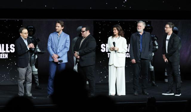 (L/R) Actors Rick Moranis, Lewis Pullman, Josh Gad, Daphne Zuniga, Bill Pullman and director Josh Greenbaum promote the upcoming film "Spaceballs: The New One" during the Amazon MGM Studios presentation at CinemaCon at The Colosseum at Caesars Palace on April 15, 2026 in Las Vegas, Nevada. (Photo by VALERIE MACON / AFP)