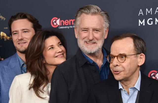 (L/R) Actors Lewis Pullman, Daphne Zuniga, Bill Pullman and Rick Moranis promote the upcoming film “Spaceballs: The New One” during the Amazon MGM Studios photo call during CinemaCon at The Colosseum at Caesars Palace on April 15, 2026 in Las Vegas, Nevada. (Photo by Chris Delmas / AFP)