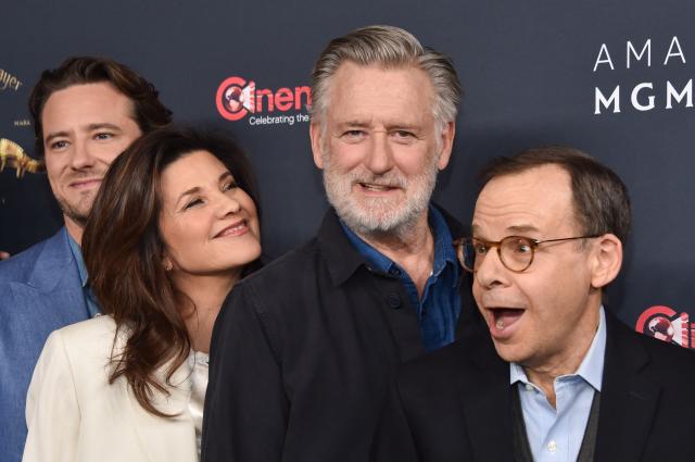 (L/R) Actors Lewis Pullman, Daphne Zuniga, Bill Pullman and Rick Moranis promote the upcoming film “Spaceballs: The New One” during the Amazon MGM Studios photo call during CinemaCon at The Colosseum at Caesars Palace on April 15, 2026 in Las Vegas, Nevada. (Photo by Chris Delmas / AFP)