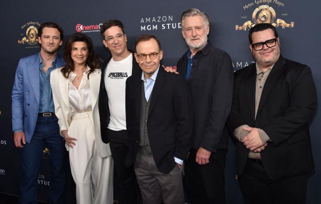 (L/R) Actors Lewis Pullman, Daphne Zuniga, director Josh Greenbaum, actors Rick Moranis, Bill Pullman and Josh Gad promote the upcoming film “Spaceballs: The New One” during the Amazon MGM Studios photo call during CinemaCon at The Colosseum at Caesars Palace on April 15, 2026 in Las Vegas, Nevada. (Photo by Chris Delmas / AFP)