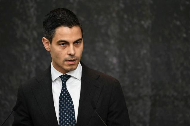 Dutch Prime Minister Rob Jetten delivers a speech during the Roosevelt Foundation's International Four Freedoms Awards ceremony in Middelburg on April 16, 2026. (Photo by NICOLAS TUCAT / AFP)