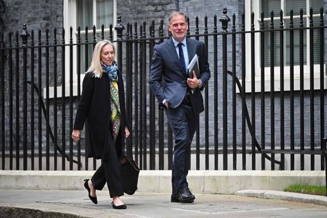 Kate Alessi (L), vice president and managing director for Google UK and Ireland, and Markus Reinisch, vice president for public policy in Europe at Meta, leave following a meeting with Britain's Prime Minister Keir Starmer to discuss child safety online, at Downing Street in central London on April 16, 2026. (Photo by Leon Neal / POOL / AFP)