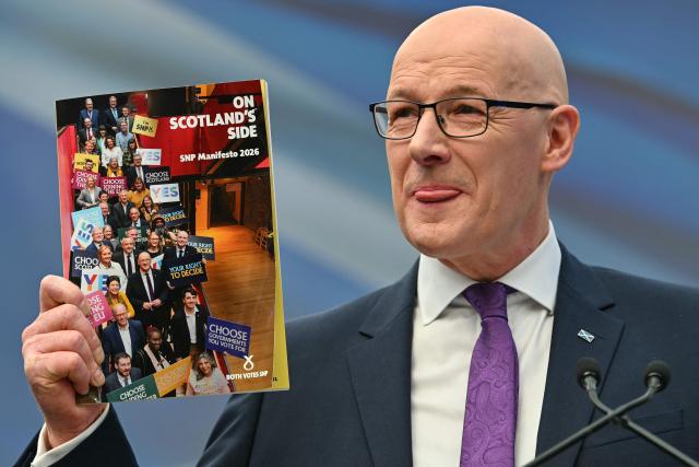 Scotland's First Minister and Scottish National Party (SNP) leader John Swinney takes part in the launch the SNP's 2026 Scottish Parliament election manifesto in Glasgow on April 16, 2026. (Photo by ANDY BUCHANAN / AFP)