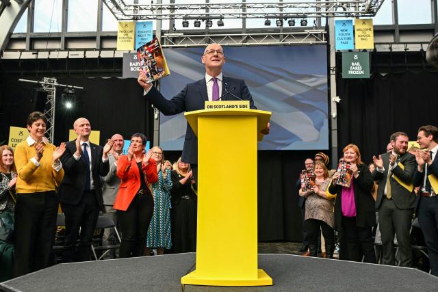 Scotland's First Minister and Scottish National Party (SNP) leader John Swinney takes part in the launch the SNP's 2026 Scottish Parliament election manifesto in Glasgow on April 16, 2026. (Photo by ANDY BUCHANAN / AFP)
