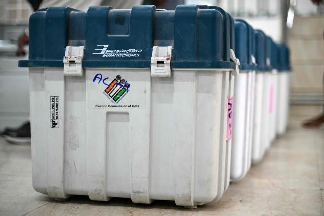 Electronic Voting Machines (EVMs) are seen in a strong room in Chennai on April 16, 2026 ahead of the Tamil Nadu Legislative Assembly election. (Photo by R. Satish BABU / AFP)