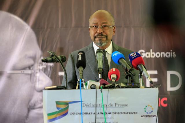 (FILES) Gabon's opposition leader Alain-Claude Bilie-By-Nze addresses a press conference at the Tahiti Hotel in Libreville on April 14, 2025 after the country's presidential elections. Gabon authorities have arrested the country's main opposition leader Alain-Claude Bilie-By-Nze, his political party said on April 16, 2026.
Bilie-By-Nze was detained at his home on April 15, 2026, his Together For Gabon (EPG) party said, adding that it was carried out in "conditions that we consider arbitrary, brutal and manifestly contrary to the fundamental principles of the rule of law." (Photo by Daniel Beloumou Olomo / AFP)