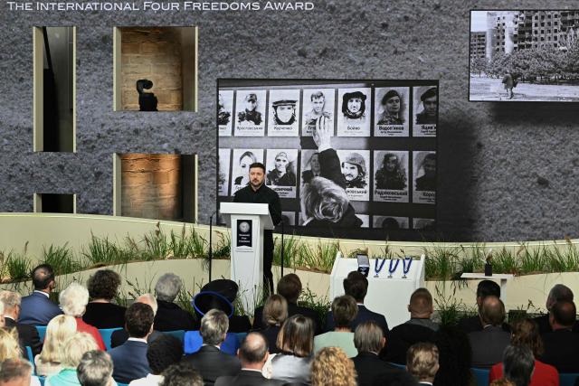 Ukraine's President Volodymyr Zelensky delivers a speech after receiving the International Four Freedoms Award during the Roosevelt Foundation's International Four Freedoms Awards ceremony in Middelburg on April 16, 2026. (Photo by NICOLAS TUCAT / AFP)