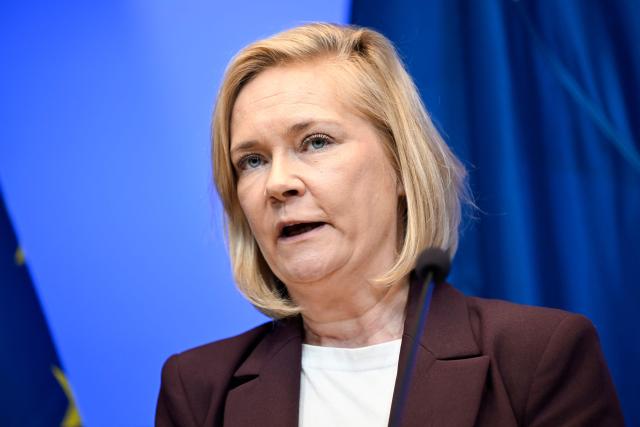 Finnish Minister of the Interior Mari Rantanen delivers a press conference during the European Coalition for Civil Preparedness and Resilience meeting in Helsinki, Finland on April 16, 2026. (Photo by Emmi Korhonen / Lehtikuva / AFP) / Finland OUT