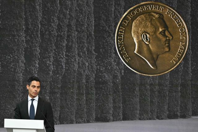 Dutch Prime Minister Rob Jetten delivers a speech during the Roosevelt Foundation's International Four Freedoms Awards ceremony in Middelburg on April 16, 2026. (Photo by NICOLAS TUCAT / AFP)