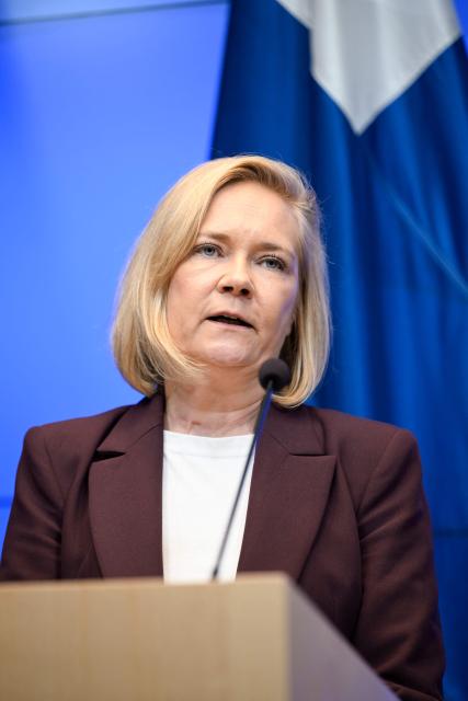 Finnish Minister of the Interior Mari Rantanen delivers a press conference during the European Coalition for Civil Preparedness and Resilience meeting in Helsinki, Finland on April 16, 2026. (Photo by Emmi Korhonen / Lehtikuva / AFP) / Finland OUT