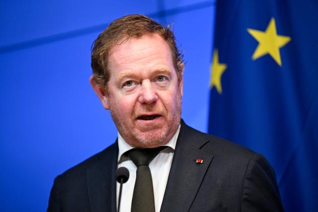 Dutch Minister of Justice and Security David van Weel delivers a press conference during the European Coalition for Civil Preparedness and Resilience meeting in Helsinki, Finland on April 16, 2026. (Photo by Emmi Korhonen / Lehtikuva / AFP) / Finland OUT