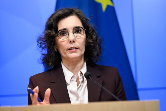 EU Commissioner for Equality, Preparedness and Crisis Management Hadja Lahbib delivers a press conference during the European Coalition for Civil Preparedness and Resilience meeting in Helsinki, Finland on April 16, 2026. (Photo by Emmi Korhonen / Lehtikuva / AFP) / Finland OUT
