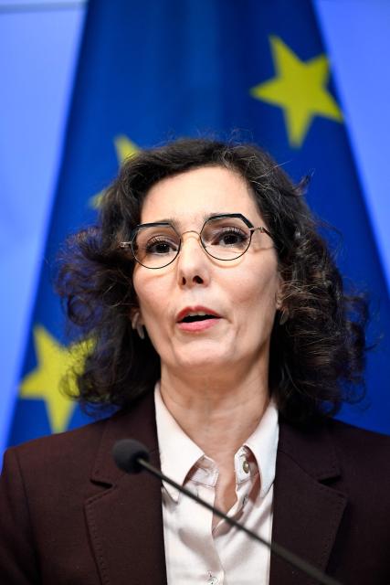 EU Commissioner for Equality, Preparedness and Crisis Management Hadja Lahbib delivers a press conference during the European Coalition for Civil Preparedness and Resilience meeting in Helsinki, Finland on April 16, 2026. (Photo by Emmi Korhonen / Lehtikuva / AFP) / Finland OUT