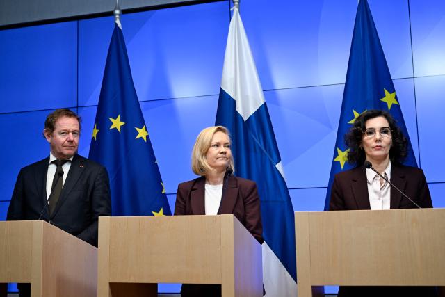 (From L) Dutch Minister of Justice and Security David van Weel, Finnish Minister of the Interior Mari Rantanen  and EU Commissioner for Equality, Preparedness and Crisis Management Hadja Lahbib deliver a press conference during the European Coalition for Civil Preparedness and Resilience meeting in Helsinki, Finland on April 16, 2026. (Photo by Emmi Korhonen / Lehtikuva / AFP) / Finland OUT