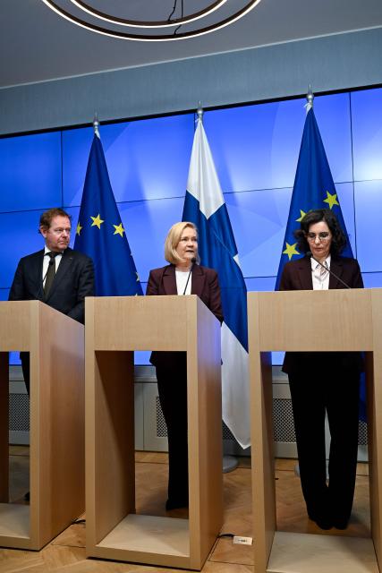 (From L) Dutch Minister of Justice and Security David van Weel, Finnish Minister of the Interior Mari Rantanen  and EU Commissioner for Equality, Preparedness and Crisis Management Hadja Lahbib deliver a press conference during the European Coalition for Civil Preparedness and Resilience meeting in Helsinki, Finland on April 16, 2026. (Photo by Emmi Korhonen / Lehtikuva / AFP) / Finland OUT
