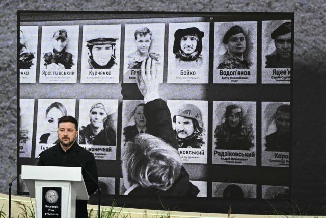 Ukraine's President Volodymyr Zelensky delivers a speech after receiving the International Four Freedoms Award during the Roosevelt Foundation's International Four Freedoms Awards ceremony in Middelburg on April 16, 2026. (Photo by NICOLAS TUCAT / AFP)
