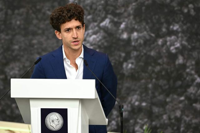 Dutch journalist Pjotr Sauer delivers a speech during the Roosevelt Foundation's International Four Freedoms Awards ceremony in Middelburg on April 16, 2026. (Photo by NICOLAS TUCAT / AFP)