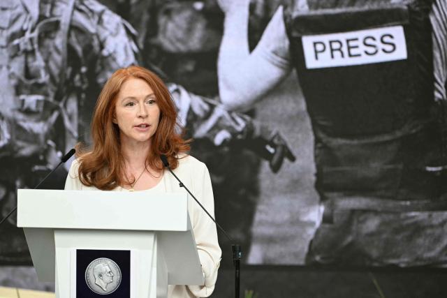 British journalist and the chief executive of the Committee to Protect Journalists Jodie Ginsberg delivers a speech after US nonprofit organization Committee to Protect Journalists (CPJ) received the Freedom of Speech award during the Roosevelt Foundation's International Four Freedoms Awards ceremony in Middelburg on April 16, 2026. (Photo by NICOLAS TUCAT / AFP)