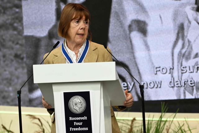 Frenchwoman Gisèle Pelicot, whose husband was convicted in 2024 of drugging her and letting scores of men rape her while unconscious, delivers a speech after receiving the Freedom from Fear award during the Roosevelt Foundation's International Four Freedoms Awards ceremony in Middelburg on April 16, 2026. (Photo by NICOLAS TUCAT / AFP)