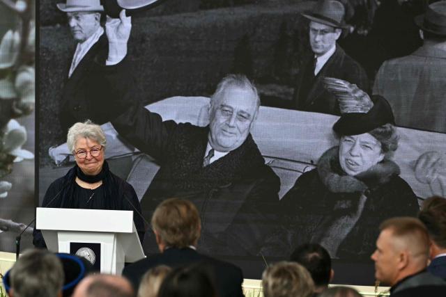 Granddaughter of Franklin Delano Roosevelt and Chair of the Board of the Roosevelt Institute, Anne Roosevelt delivers a speech at the end of the Roosevelt Foundation's International Four Freedoms Awards ceremony in Middelburg on April 16, 2026. (Photo by NICOLAS TUCAT / AFP)