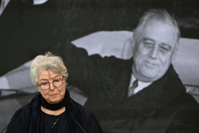 Granddaughter of Franklin Delano Roosevelt and Chair of the Board of the Roosevelt Institute, Anne Roosevelt delivers a speech at the end of the Roosevelt Foundation's International Four Freedoms Awards ceremony in Middelburg on April 16, 2026. (Photo by NICOLAS TUCAT / AFP)