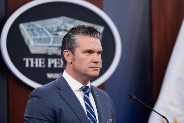 US Secretary of Defense Pete Hegseth speaks during a press briefing at the Pentagon in Washington, DC, on April 16, 2026. The United States will prevent all shipping from entering or exiting Iranian ports in the Strait of Hormuz for "as long as it takes," US Defense Secretary Pete Hegseth said on Thursday, the fourth day of the blockade. (Photo by SAUL LOEB / AFP)