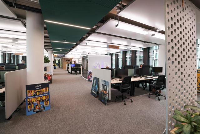 Offices of retail company Amazon Germany's new headquarter building are pictured on April 16, 2026 in Munich. Amazon has had its German headquarters in Bavaria in various offices for nearly 30 years and employs over 6,000 people there. (Photo by AFP)