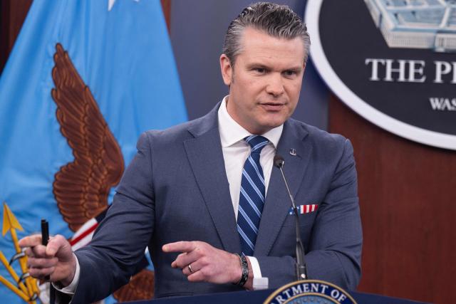US Secretary of Defense Pete Hegseth speaks during a press briefing at the Pentagon in Washington, DC, on April 16, 2026. The United States will prevent all shipping from entering or exiting Iranian ports in the Strait of Hormuz for "as long as it takes," US Defense Secretary Pete Hegseth said on Thursday, the fourth day of the blockade. (Photo by SAUL LOEB / AFP)