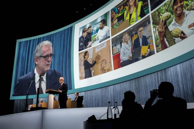 Nestle Chairman Pablo Isla delivers a speech during the annual general meeting of Swiss food giant Nestle in Ecublens near Lausanne, on April 16, 2026. (Photo by Fabrice COFFRINI / AFP)