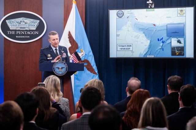 US Chairman of the Joint Chiefs of Staff General Dan Caine speaks during a press briefing at the Pentagon in Washington, DC, on April 16, 2026. The United States will prevent all shipping from entering or exiting Iranian ports in the Strait of Hormuz for "as long as it takes," US Defense Secretary Pete Hegseth said on Thursday, the fourth day of the blockade. (Photo by SAUL LOEB / AFP)