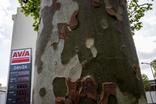 This photograph shows fuel prices displayed on a totem at an Avia petrol station in Charenton-le-Pont, southeast of Paris on April 16, 2026. US-Israel war on Iran, launched on February 28, has roiled global energy and equities markets, sending oil prices skyrocketing after Tehran virtually closed the key Strait of Hormuz. (Photo by Behrouz MEHRI / AFP)