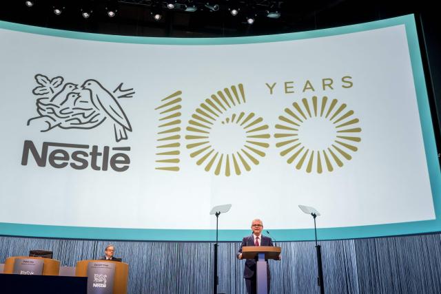 Nestle Chairman Pablo Isla delivers a speech during the annual general meeting of Swiss food giant Nestle in Ecublens near Lausanne, on April 16, 2026. (Photo by Fabrice COFFRINI / AFP)