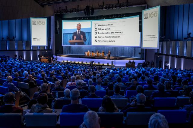 Nestle CEO Philipp Navratil delivers a speech during the annual general meeting of Swiss food giant Nestle in Ecublens near Lausanne, on April 16, 2026. (Photo by Fabrice COFFRINI / AFP)