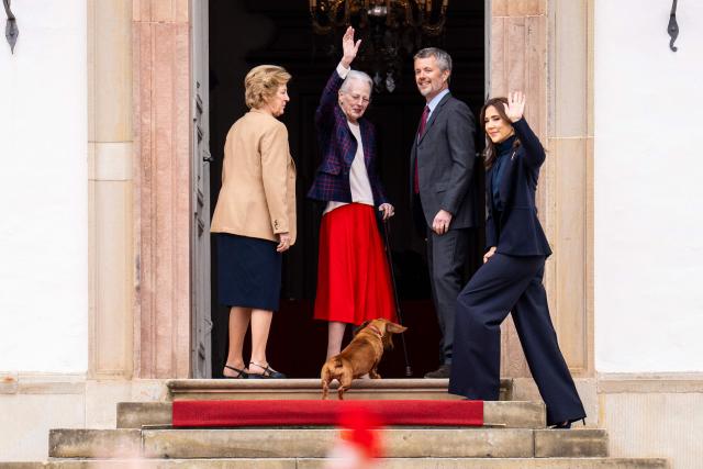 Queen Margrethe of Denmark, Queen Anne-Marie of Denmark, King Frederik X of Denmark and Queen Mary of Denmark attend a concert by the Royal Life Guards Music Corps, on the occasion of Queen Margrethe's 86th birthday, in the Inner Courtyard at Fredensborg Palace, on April 16, 2026. (Photo by Ida Marie Odgaard / Ritzau Scanpix / AFP) / Denmark OUT