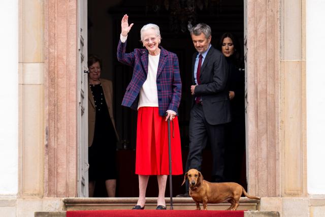 Queen Margrethe of Denmark, Queen Anne-Marie of Denmark, King Frederik X of Denmark and Queen Mary of Denmark attend a concert by the Royal Life Guards Music Corps, on the occasion of Queen Margrethe's 86th birthday, in the Inner Courtyard at Fredensborg Palace, on April 16, 2026. (Photo by Ida Marie Odgaard / Ritzau Scanpix / AFP) / Denmark OUT