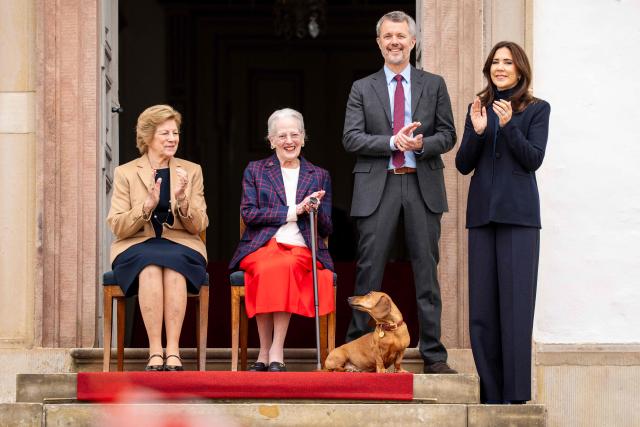 Queen Margrethe of Denmark, Queen Anne-Marie of Denmark, King Frederik X of Denmark and Queen Mary of Denmark attend a concert by the Royal Life Guards Music Corps, on the occasion of Queen Margrethe's 86th birthday, in the Inner Courtyard at Fredensborg Palace, on April 16, 2026. (Photo by Ida Marie Odgaard / Ritzau Scanpix / AFP) / Denmark OUT