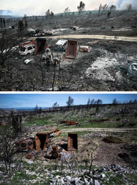 This combo picture, taken on August 6, 2025 (bottom) and on April 16, 2026 (down) shows an area devastated by the mega-fire that occurred in the department of Aude at the beginning of August 2025 near the village of Fontjoncouse. (Photo by Lionel BONAVENTURE / AFP)