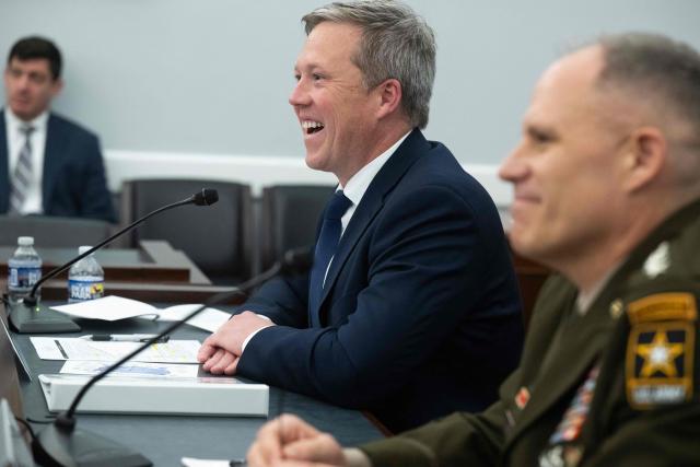(L/R) Acting Chief of Staff of the Army General Christopher LaNeve and US Secretary of the Army Dan Driscoll testify during a House Appropriations Subcommittee on Defense budget hearing for the US Army on Capitol Hill in Washington, DC, on April 16, 2026. (Photo by SAUL LOEB / AFP)