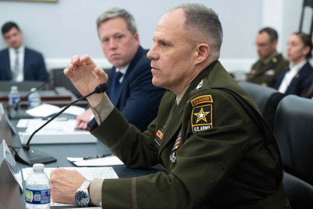 (L/R) Acting Chief of Staff of the Army General Christopher LaNeve and US Secretary of the Army Dan Driscoll testify during a House Appropriations Subcommittee on Defense budget hearing for the US Army on Capitol Hill in Washington, DC, on April 16, 2026. (Photo by SAUL LOEB / AFP)