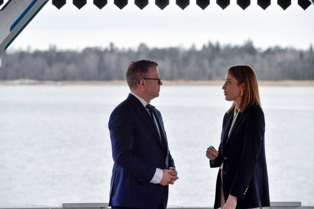 Finnish Prime Minister Petteri Orpo (L) and president of the European Parliament Roberta Metsola meet at the Prime Minister's official residence Kesaeranta in Helsinki, Finland, on April 16, 2026. (Photo by Kimmo Penttinen / Lehtikuva / AFP) / Finland OUT