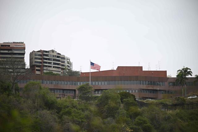 A view of the US embassy in Caracas on April 16, 2026, following a protest to demand a political transition in Venezuela. (Photo by Federico PARRA / AFP)