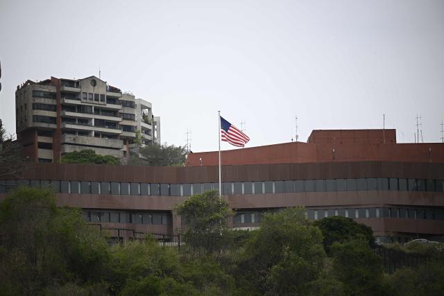 A view of the US embassy in Caracas on April 16, 2026, following a protest to demand a political transition in Venezuela. (Photo by Federico PARRA / AFP)