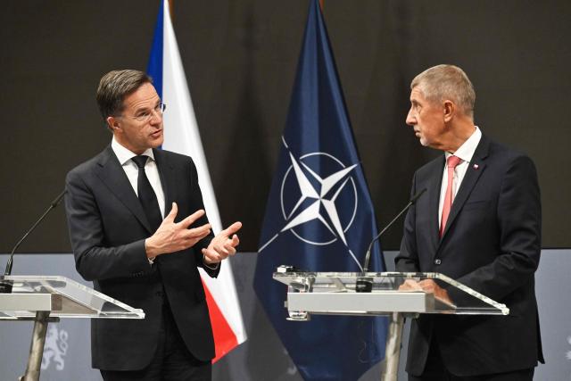 CORRECTION / Czech Republic's Prime Minister Andrej Babis (R) and NATO Secretary General Mark Rutte attend a joint press conference after talks in Prague, on April 16, 2026. (Photo by Michal Cizek / AFP) / “The erroneous mention[s] appearing in the metadata of this photo by Michal Cizek has been modified in AFP systems in the following manner: [Czech Republic's Prime Minister Andrej Babis ] instead of [Czech Republic's President Andrej Babis]. Please immediately remove the erroneous mention[s] from all your online services and delete it (them) from your servers. If you have been authorized by AFP to distribute it (them) to third parties, please ensure that the same actions are carried out by them. Failure to promptly comply with these instructions will entail liability on your part for any continued or post notification usage. Therefore we thank you very much for all your attention and prompt action. We are sorry for the inconvenience this notification may cause and remain at your disposal for any further information you may require.”