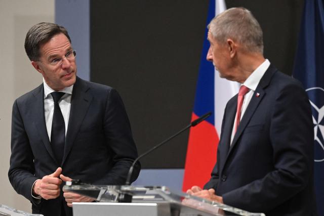 CORRECTION / Czech Republic's Prime Minister Andrej Babis (R) and NATO Secretary General Mark Rutte attend a joint press conference after talks in Prague, on April 16, 2026. (Photo by Michal Cizek / AFP) / “The erroneous mention[s] appearing in the metadata of this photo by Michal Cizek has been modified in AFP systems in the following manner: [Czech Republic's Prime Minister Andrej Babis ] instead of [Czech Republic's President Andrej Babis]. Please immediately remove the erroneous mention[s] from all your online services and delete it (them) from your servers. If you have been authorized by AFP to distribute it (them) to third parties, please ensure that the same actions are carried out by them. Failure to promptly comply with these instructions will entail liability on your part for any continued or post notification usage. Therefore we thank you very much for all your attention and prompt action. We are sorry for the inconvenience this notification may cause and remain at your disposal for any further information you may require.”