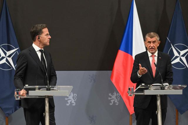 CORRECTION / Czech Republic's Prime Minister Andrej Babis  (R) and NATO Secretary General Mark Rutte attend a joint press conference after talks in Prague, on April 16, 2026. (Photo by Michal Cizek / AFP) / “The erroneous mention[s] appearing in the metadata of this photo by Michal Cizek has been modified in AFP systems in the following manner: [Czech Republic's Prime Minister Andrej Babis ] instead of [Czech Republic's President Andrej Babis]. Please immediately remove the erroneous mention[s] from all your online services and delete it (them) from your servers. If you have been authorized by AFP to distribute it (them) to third parties, please ensure that the same actions are carried out by them. Failure to promptly comply with these instructions will entail liability on your part for any continued or post notification usage. Therefore we thank you very much for all your attention and prompt action. We are sorry for the inconvenience this notification may cause and remain at your disposal for any further information you may require.”